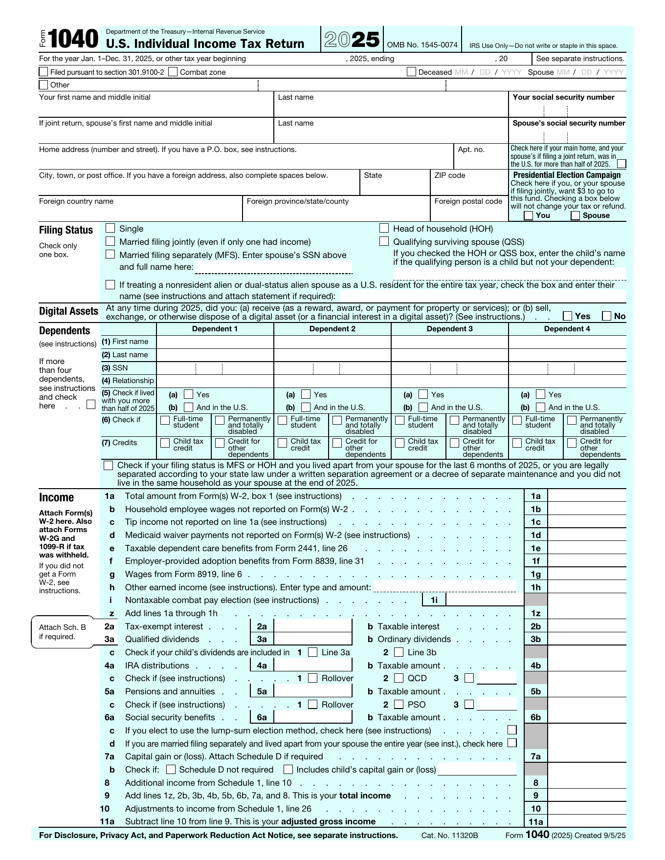 IRS Form 1040 page 1 with numbered filling guide markers