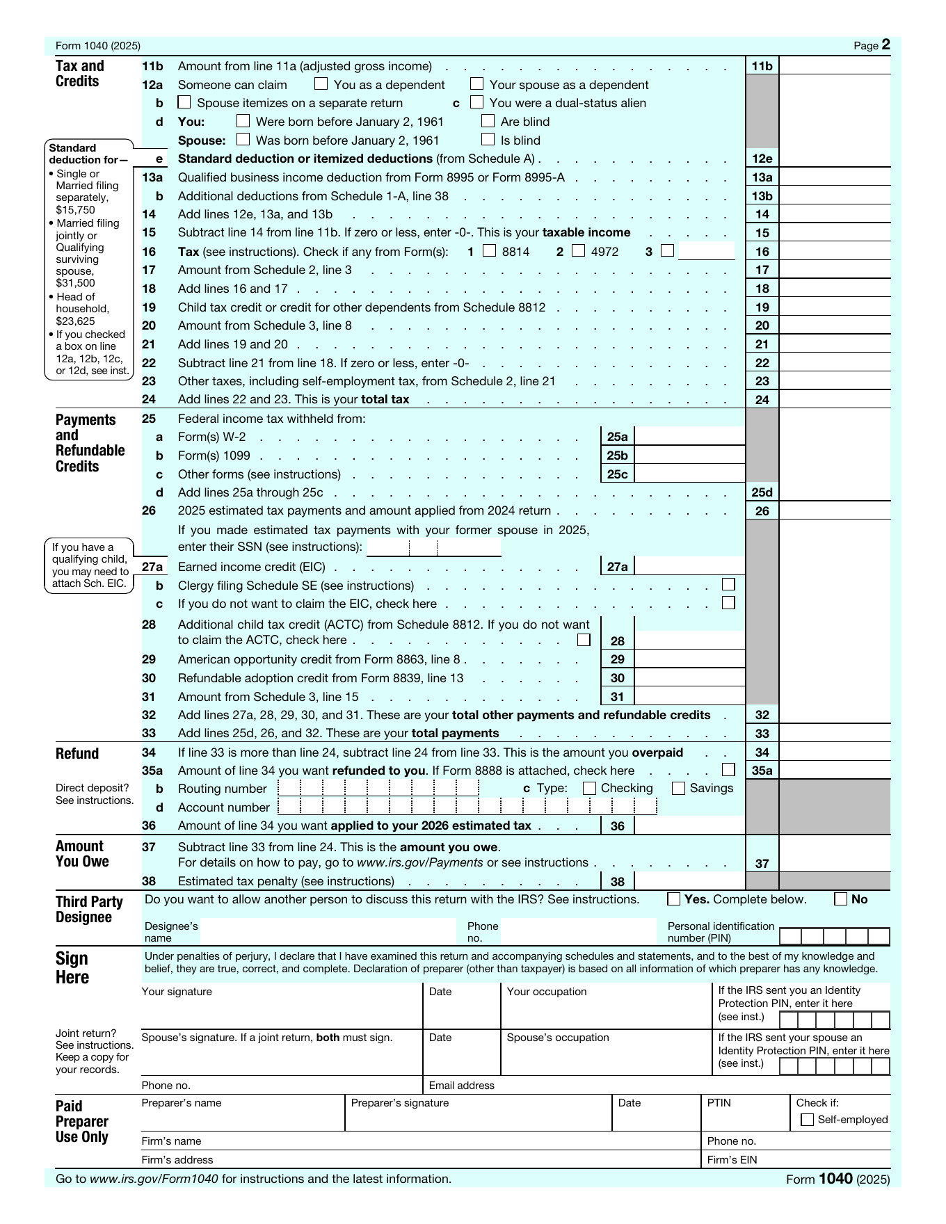 IRS Form 1040 page 2 with numbered filling guide markers