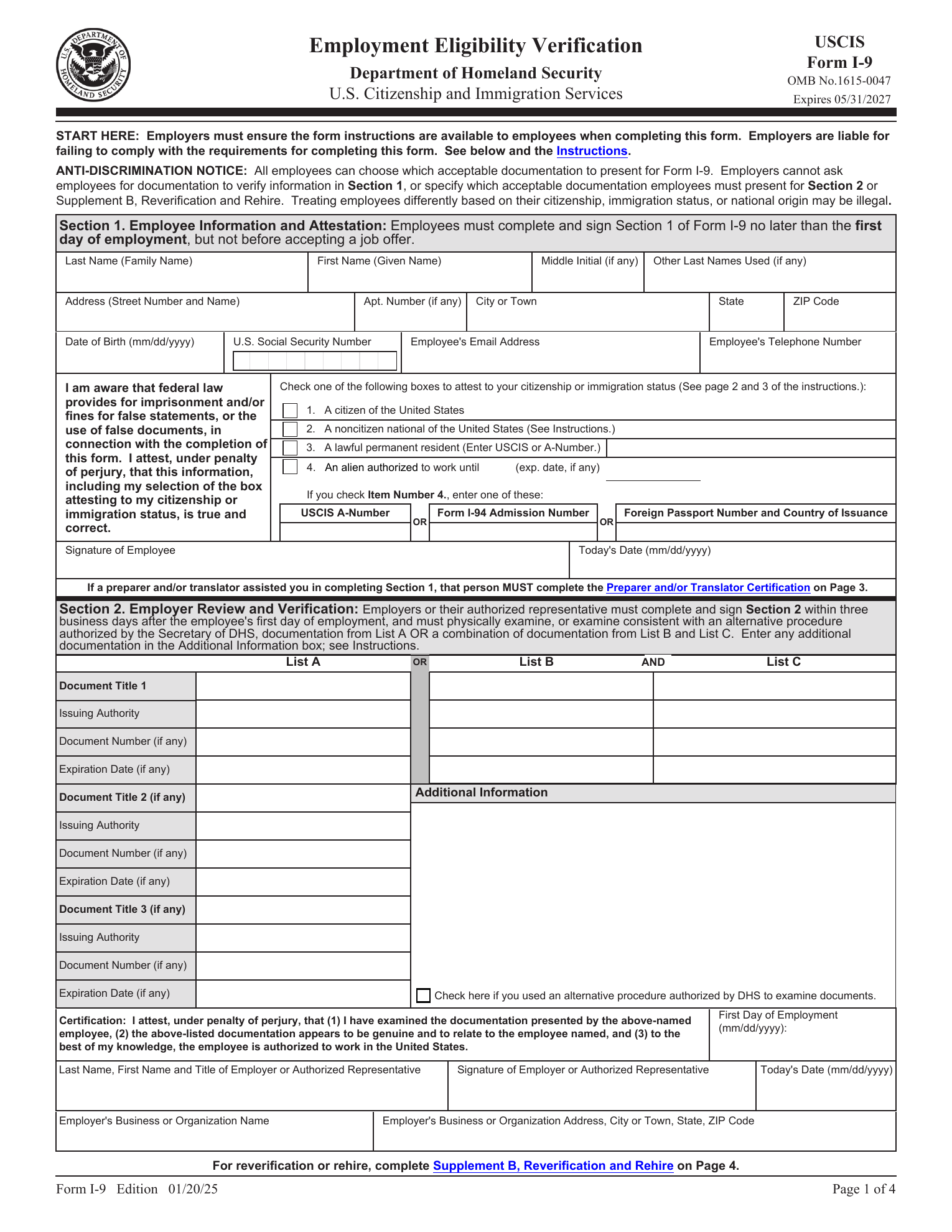 USCIS Form I-9 page 1 with numbered filling guide markers