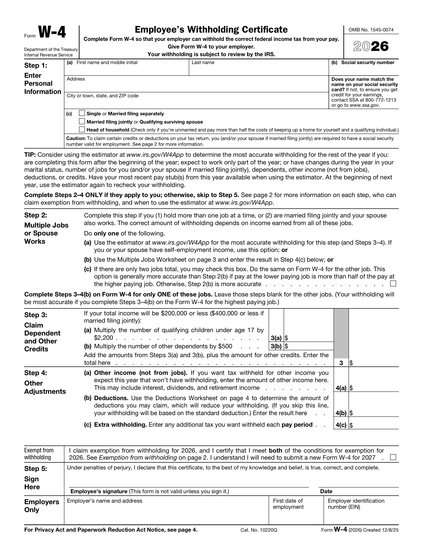 IRS Form W-4 page 1 with numbered field markers