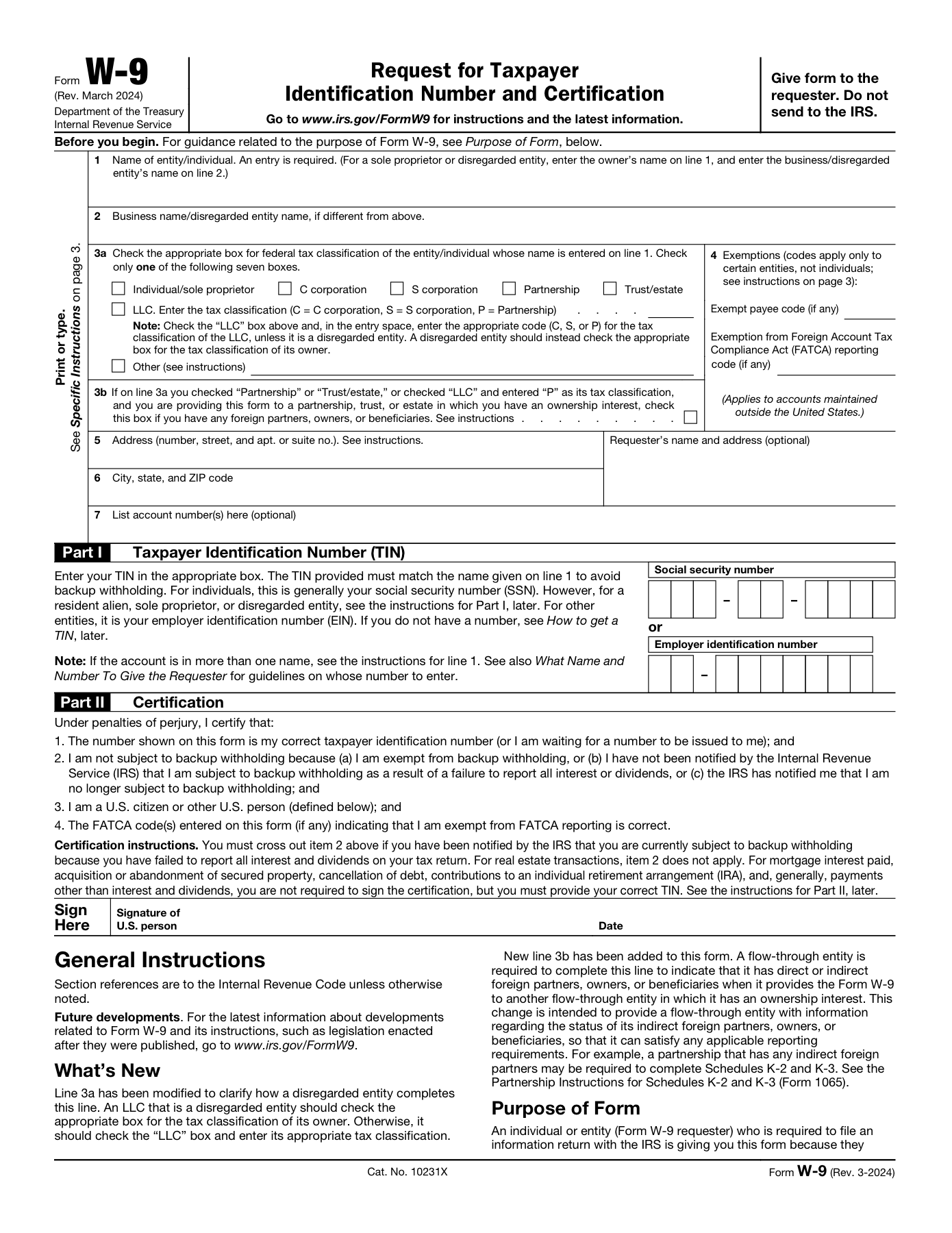 IRS Form W-9 page 1 with numbered field markers